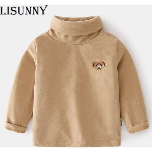 2021 Autumn Winter Baby Boy T Shirt Turtleneck Long Sleve Solid Embroidery Bear Children Clothing De Velvet Girls Bottomed Shirt