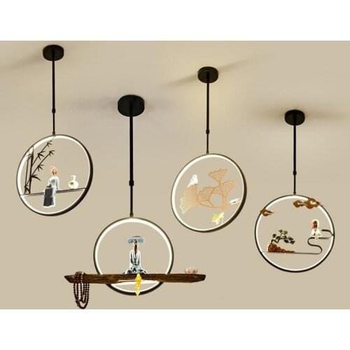 New Chinese Zen landscape pendant lights study bedroom creative led tea room bedside single small hanging round lamps fixtures