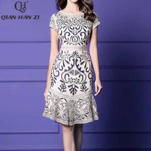 Qian Han Zi Fashion Summer Dress Womens Short Sleeve Vintage Embroidered Hollow Party Dress High Quality Plus Size Dress 4XL