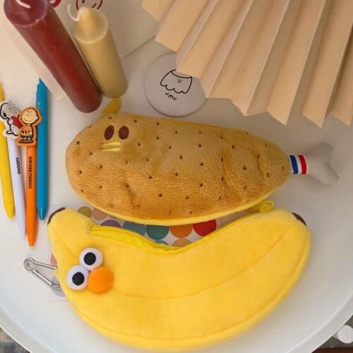 Cute Korean Pencil Bag Cute Chicken Leg Banana Plush Pencil Case Large Capacity Pencil Pouch Student Stationery Creative Gift