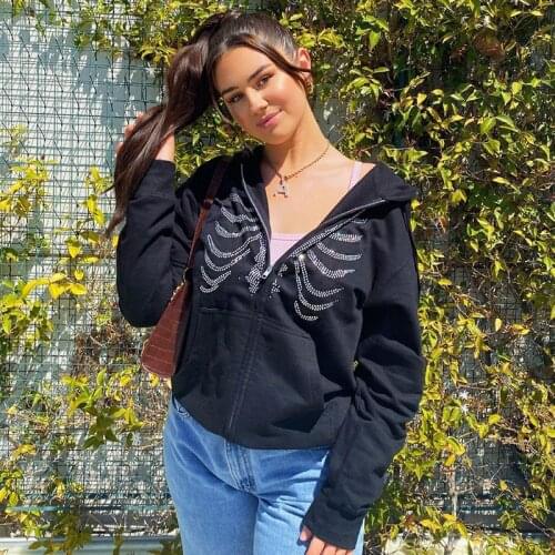 Rhinestone Skull Oversized Zip Up Hoodies Women Gothic Sweatshirt Hooded Jackets Harajuku Long Sleeve Hoodie Coat Autumn Winter