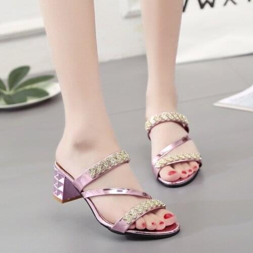 Rhinestone Women Sandals Square Heel Open Toe Slides Summer Bling Outside Slippers Beauty Pumps Party Ladies Shoes 2021 TX452