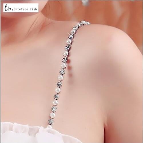 Top Imitation Pearls Invisible Bra Straps Dress Faux Bra Straps Single Row Clear Crystal Sex Chain for Bridal Wedding Prom 1007