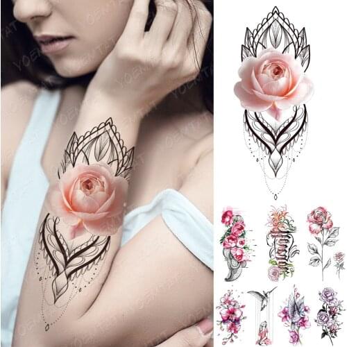 Waterproof Temporary Tattoo Sticker 3D Rose Lace Peony Tattoos Line Pink Flowers Bird Body Art Arm Fake Sleeve Tatoo Women Men