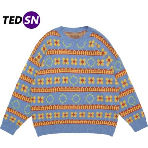 Flowers Print Color Block Knitted Sweater Men Women 2021 Hip Hop Sweater Pullovers Harajuku Streetwear Cotton Kint Pullover