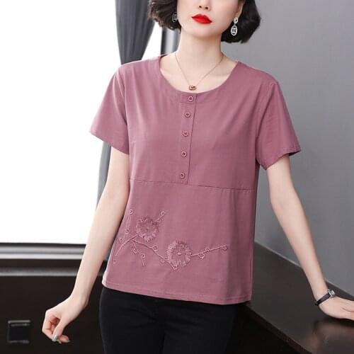 Shintimes Floral Embroidery T-Shirt 2021 Purple Summer Cotton Short Sleeve Button T Shirt Women Korean Clothes Tee Shirt Femme
