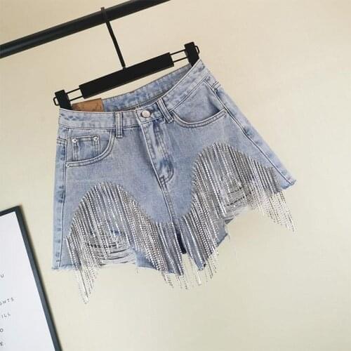 2021 Women Spring Summer New Elegant Denim Shorts Lady Beading Tassle Wide Leg High Waist Shorts Female Casual Loose Shorts G378