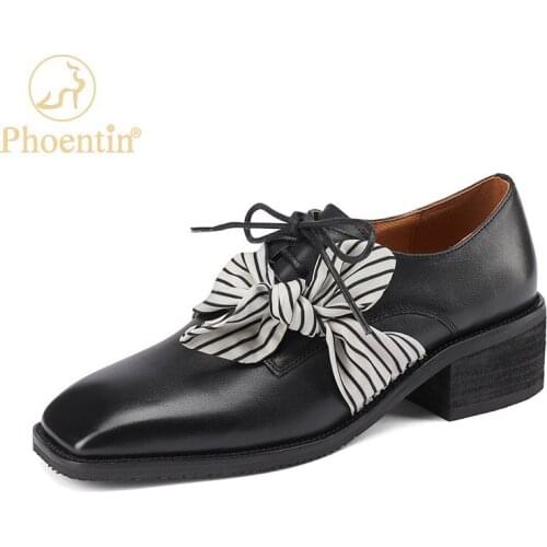 Phoentin Womens Retro bow-knot Mid Heel pumps Square Toe Mules shoes 2021 Autumn new female Genuine Leather black Pumps FT1648