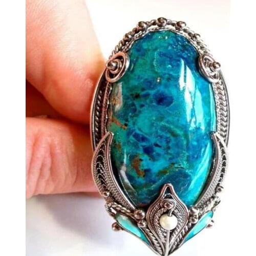 Bohemian Large Natural Stone Rings For Women Vintage Blue Beads Turquoises Finger Rings Party Ethnic Jewelry Drop Shipping