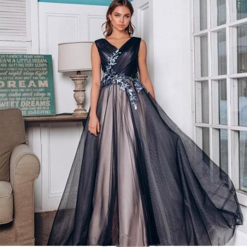 Elegant Prom Dress 2021 V-Neck A-Line Sleeveless Lace Appliques Floor length Brilliant Tulle Gorgeous For Women Special Occasion