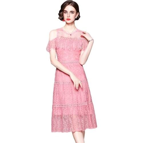 High Quality New 2021 Fashion Summer Dresses Women Falbala Round Collar Sexy Show Shoulder Temperament Lace Dresses Vestidos