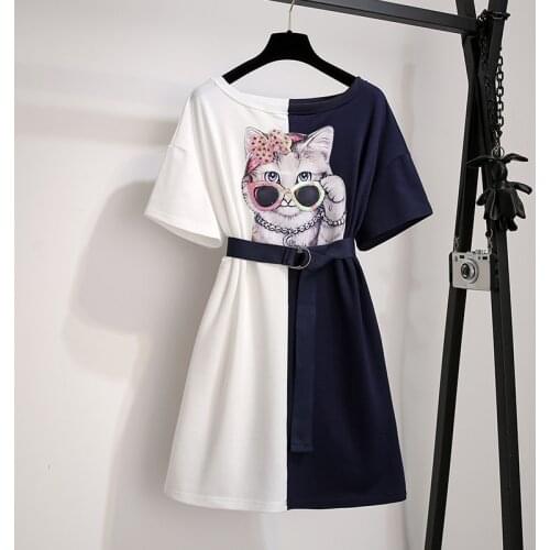 Plus Size L-4XL Women Sequined Glasses Cat Appliques Dress 2021 Summer Women O-neck short sleeve Tshirt Dress with sashes