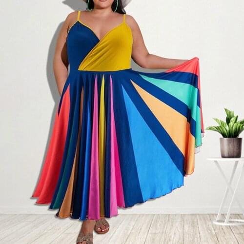 Plus Size Dress Women Colorful Striped High Waist Female Vestiods summer african curve big spaghetti strap long maxi dress robe