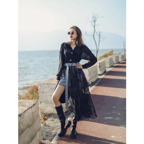 Women Dress Spring Summer Black Lace Dress Suits Original Design Long Sleeve Polka Dot Chiffon Detachable Embroidered Lace Dress