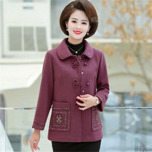 Middle-aged Womens Woolen Coat Blended Wool Coats Autumn Winter Plus Size Embroidery Short Jacket Womens Elegant Top Outerwear