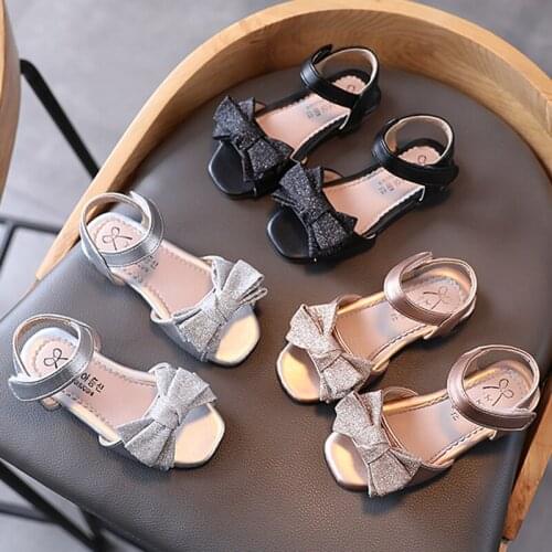 2021 Summer Girls Sandals Butterfly Knot Princess Shoes Bling Ankle Strap Shoes For Big Girls Kids Beach Shoe Open Toe Sandal