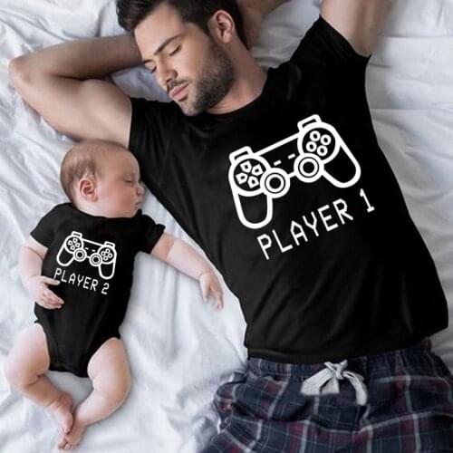2021 New Arrival Matching Clothes Family Father Daugher and Son Player 1 2 Print Black Tshirt Bodysuit Family Matching Clothes