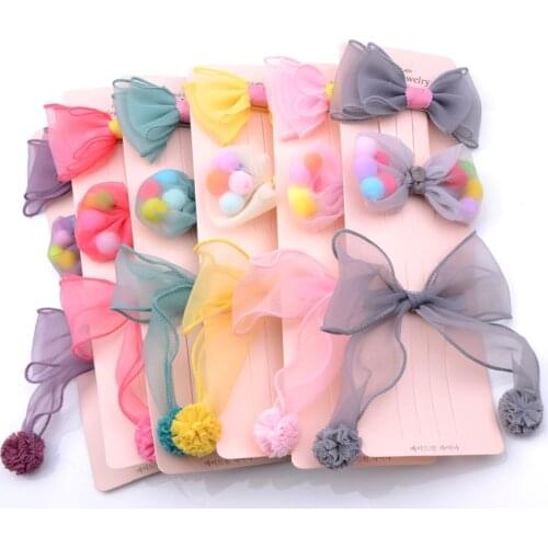 3Pcs/Set Headwear Set New Kids Hair Accessories Headdress Childrens Lace Ribbon Big Bowknot Hairpins Girls Fur Ball Hair Clips