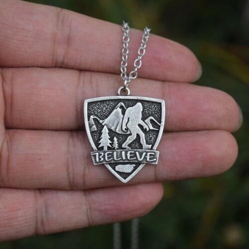 Bigfoot Antique Mountain Pendant Necklace Running In Mountain Hide & Seek Jewelry