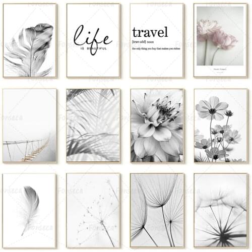 Black and White Flower Feather Dandelion Print Posters Nordic Plant Leaf Wall Art Pictures Life Travel Quotes Canvas Paintings