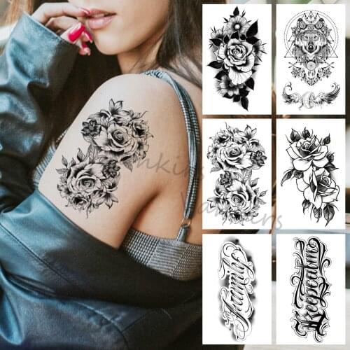 Black Dahlia Temporary Tattoos For Women Girls Realistic Geometric Wolf Letter Peony Fake Tattoo Sticker Arm Body Tatoos Bouquet
