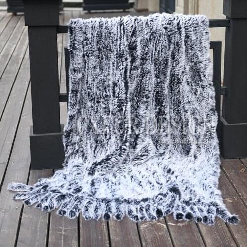 CX-D-20H Winter Warm Sofa Throw Hand Knitted Real Rabbit Fur Fringes Fur Throw Blanket