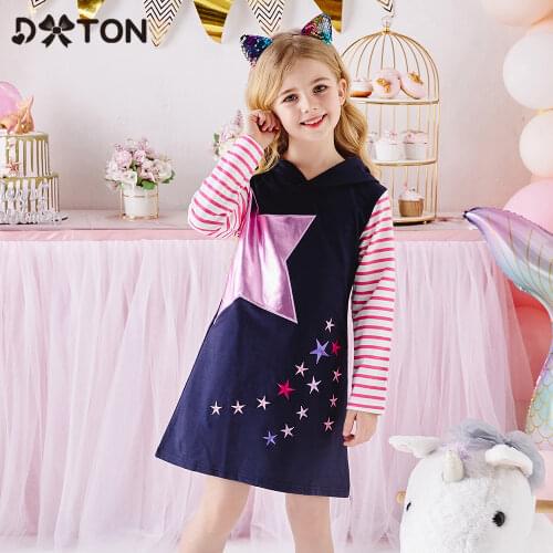 DXTON Girls Hooded Dresses Star Cotton Hooded Kids Dress Appliqued Children Clothing Stripe Long Sleeve Winter Casual Girls Wear