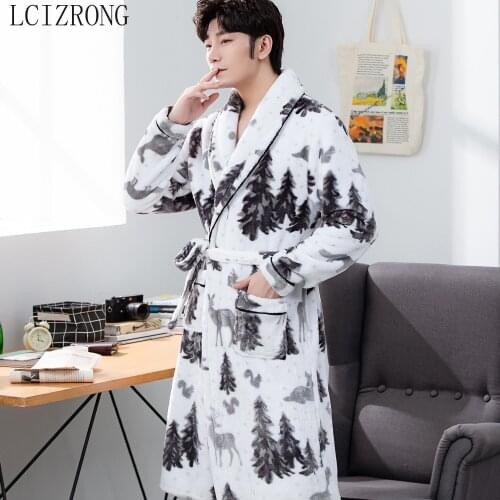 Casual Forest Pattern Men Bathrobe Autumn Spring Flannel Long Robe Warm Sleepwear Big Size 3XL Nightgown Male Loose Home Wear