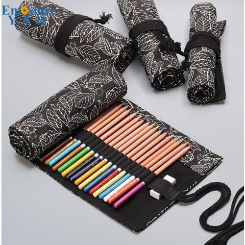 Black Leaf Canvas Printed Pen Curtain 12/24/36/48/72 Hole Large Capacity Pencil Bag Color Lead Sketch Stationery Pencil Bag B287