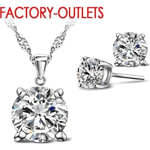 925 Sterling Silver Fashion Jewelry Set Classic 4 Claws Crystal Necklaces Drop Earrings Women Girls Engagement Anniversary