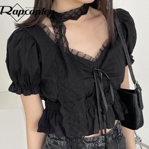Rapcopter Frill Bow Cute Crop Top Vintage Puff Short Sleeve T Shirt Ruched Slim Korean Style Tshirt Women Harajuku Tee Summer