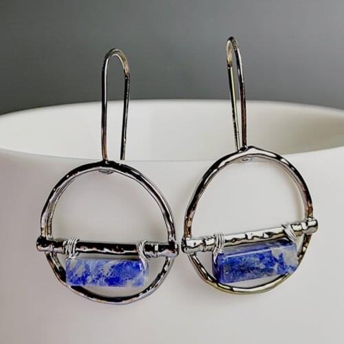 Fashion retro Plated 925 large square copper wire covered Silver Natural Stone Earrings