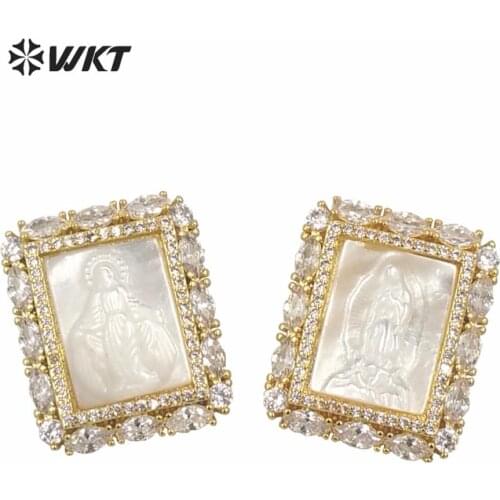 MP145 Religious rectangle gold color shell pendant for necklace luxury pendant white shell virgin mary pendant with cubic zircon