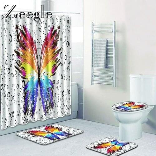 Zeegle Bathroom Bath Mat Set with Shower Curtain Waterproof Anti Slip Pedestal Rug Lid Toilet Cover Bath Mat Set