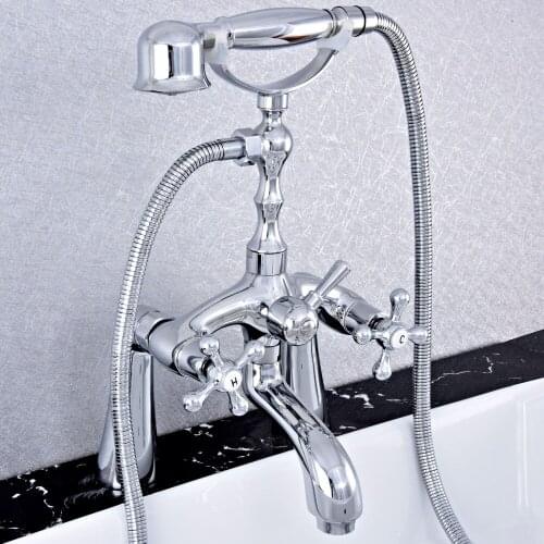 Deck Mounted Polished Silver Chrome Brass Bathroom Tub Faucet Set with 150CM Handheld Shower Spray Head Bath Mixer Tap 2tf751