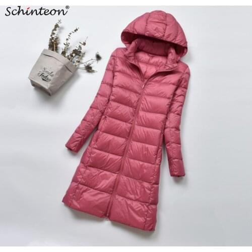 2020 Schinteon New Women Ultra Down Jacket Light White Duck Down Long Coat Slim with Removable Hood Outwear 6 Colors