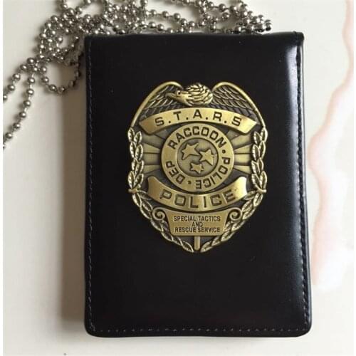 New Cosplay Stars RACCOON Dep Metal Badge Leather Case Holder ID Cards Driving Wallets Holder Case with Bead Chains