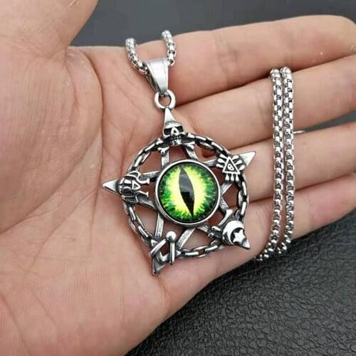 Satan Devils Eye Pentagram Pendant Stainless Steel Charm Chain Necklace Men Women Fashion Pagan Amulet Jewelry