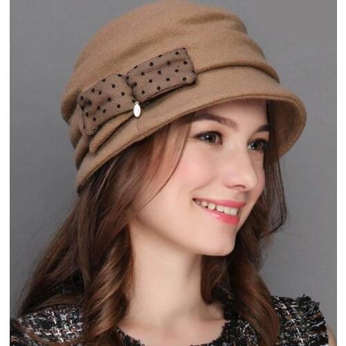 Autumn Winter 100% Wool Wide Brim Vintage Fedora Hats Black For Women Elegant Bowknot Felt Cloche Hats M5254