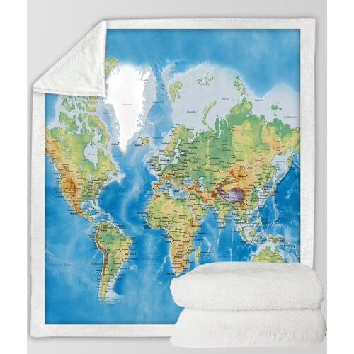 Blue World Map Sherpa Throw Blanket Vivid Carton Printed Sherpa Fleece Blanket Super Soft Cozy Velvet Plush Throw Blanket