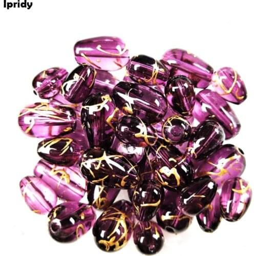 Ipridy Golden line effect Purple Color Spray Painted Teardrop Glass Beads, 8*13mm Hole: 1.5mm fit Stud earring Jewelry Making
