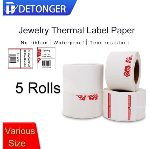 DETONGER Thermal Jelwery Label Paper 5 Rolls Waterproof Oilproof Scratchproof Price Tag Free App Template Sticker Paper