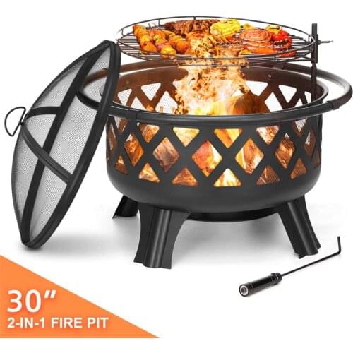 Outdoor Fire Pit Wood Burning Steel BBQ Grill Firepit Bowl with Mesh Fire Pit Outdoor Fireplace for Backyard Camping Picnic