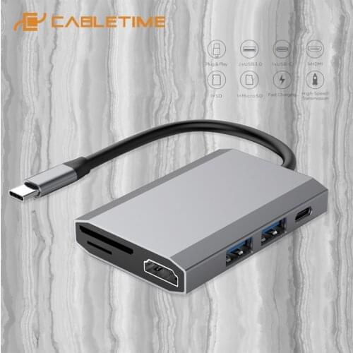 CABLETIME 6 in 1 USB C HUB to 4K HDMI Aluminum USB 3.0 SD TF Card Reader Multi Converter for Notebook Macbook Pro H09