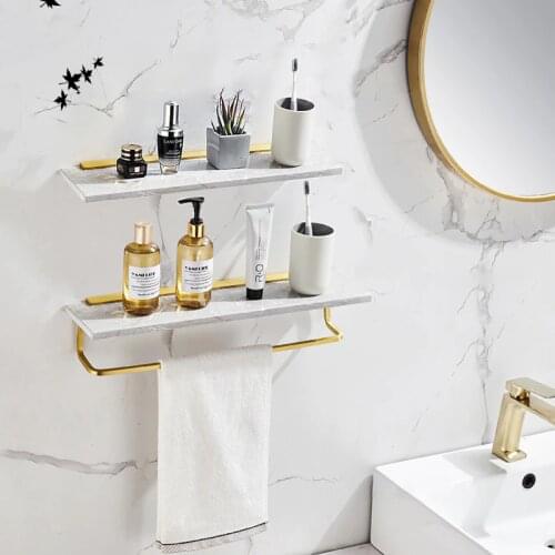 Bathroom Shelf Wall Mounted Shampoo Shelf towel Bar Marble Brush Gold Aluminum Bath Dual Tiers Corner Shelf Bathroom Hardware