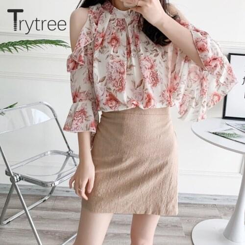 Trytree 2021 Spring Summer Women Blouse Casual Floral Shirts O-Neck Hollow Out Butterfly Sleeve Office Lady Silky Tops For Woman