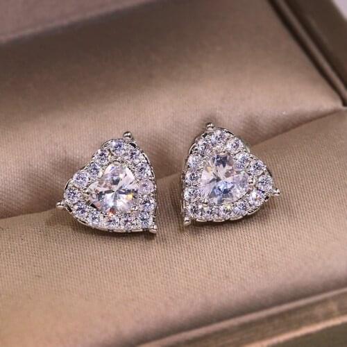 2020 New Heart Silver Color Cute Stud Earrings with Big Bling Zircon Stone for Women Fashion Jewelry Korean Earrings