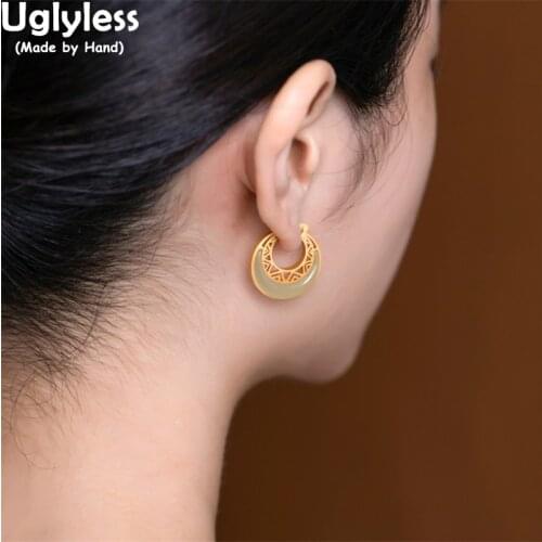 Uglyless Natural Hotan Jade Crescent Moon Earrings for Women Vintage Totem Patterns Gold Ear Hoops 925 Silver Gemstones Brincos