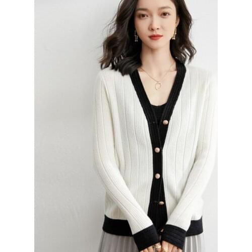 21 Spring Autumn New V-Neck 100% Pure Wool Knitted Cardigan Womens Color Matching Single-Breasted Slim Large Size All-Match Top