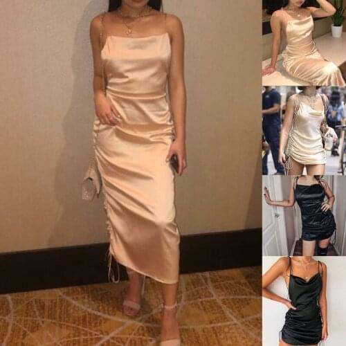 Women Summer Sleeveless Satin Slim Mini Dress Side Ruched Pleated Drawstring Cowl Neck Sexy Backless Casual Beach Party Clubwear